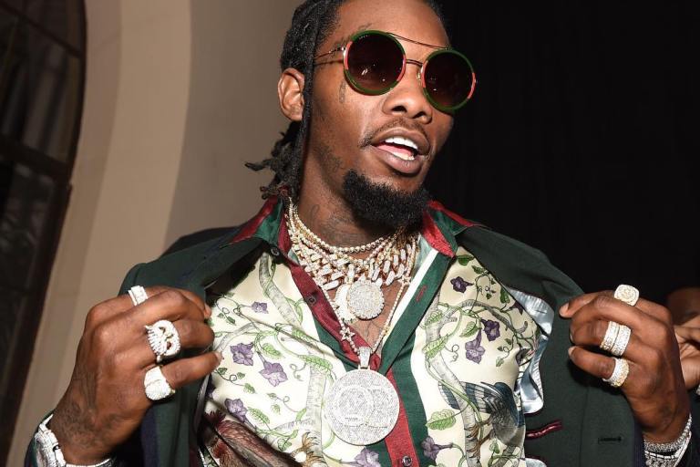 Men’s Fashion Flash: Offset’s GQ Grammys After Party Gucci Birds of Prey Print Silk Twill Shirt and Gucci Aviator Glasses