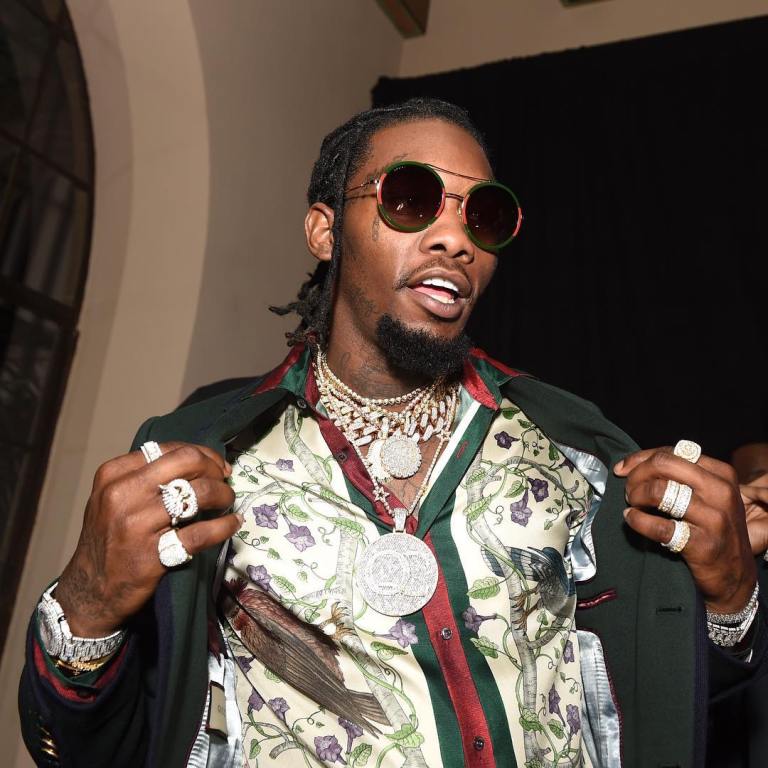 Men’s Fashion Flash: Offset’s GQ Grammys After Party Gucci Birds of Prey Print Silk Twill Shirt and Gucci Aviator Glasses