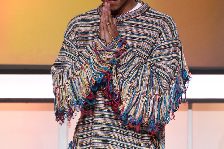 Men’s Fashion Flash:  Pharrell Williams’s BET American Black Film Festival Honors Stella McCartney Fringe Sweater