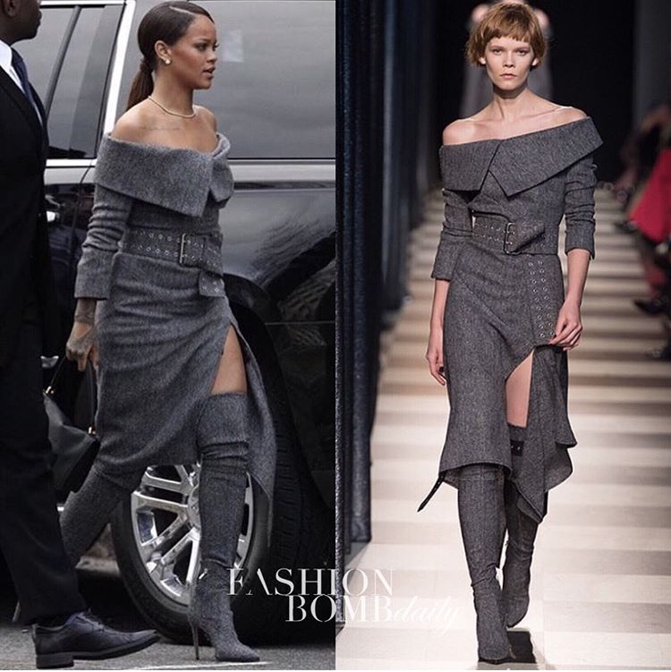 Hot! or Hmm…: Rihanna’s Harvard Foundation Humanitarian Of The Year Award Ceremony Monse’s Fall 2017 Gray Off-The-Shoulder Belted Dress and Matching Boots