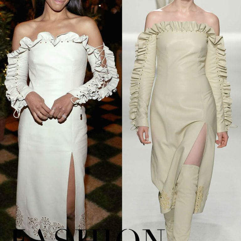 Hot! or Hmm… Zoe Saldana’s Cadillac Oscar Week Celebration Jonathan Simkhai Fall 2017 Off-the-Shoulder Ruffle Lace Up Dress