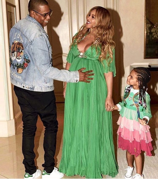 Beyonce, Blue Ivy, and Jay Z Step out for the Beauty and the Beast Premiere in Gucci’s Green Embellished Plisse Gown, The Brand’s Tiered Dress, and Gucci Men’s L’aveugle Par Amour Denim Jacket