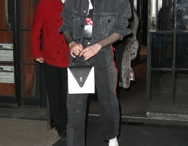 Splurge: Bella Hadid’s New York City $450 Alexander Wang Black Gray Aged Daze Denim Jacket and $1,195 Vetements Red Stripe Reworked Denim