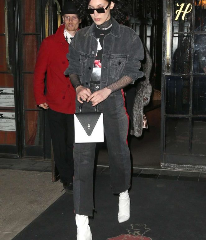 Splurge: Bella Hadid’s New York City $450 Alexander Wang Black Gray Aged Daze Denim Jacket and $1,195 Vetements Red Stripe Reworked Denim