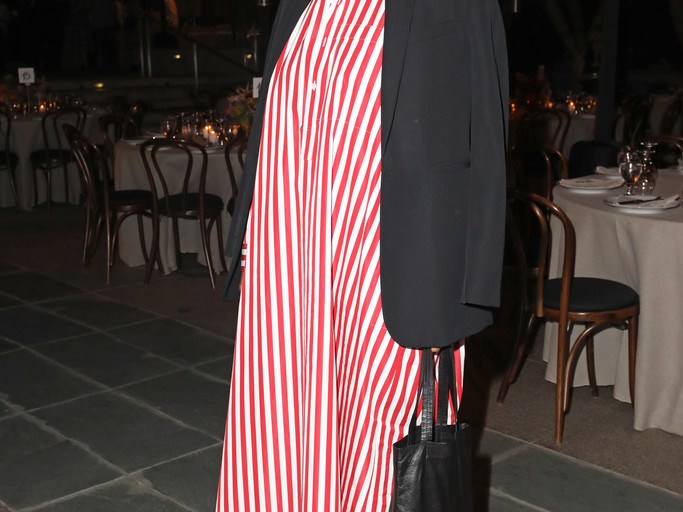 Splurge: Tracee Ellis Ross’s MOCA’s Leadership Circle and Members’ Opening of Kerry James Marshall: Mastry $1,295 Balenciaga Red and White Asymmetric Sleeve Striped Maxi Dress