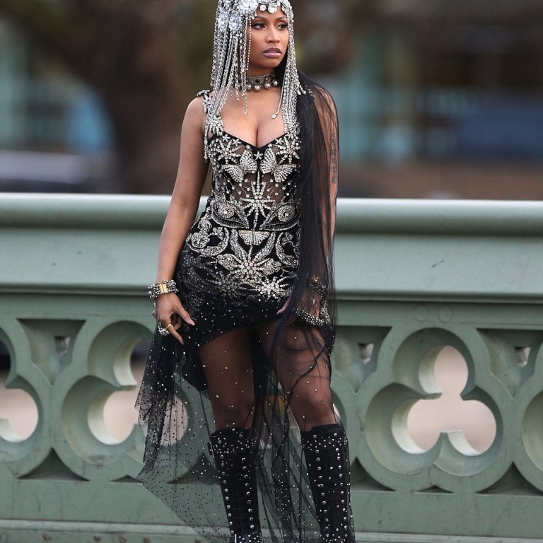 Hot! or Hmm… Nicki Minaj’s London Demonde Jewelry Head Piece, Alexander McQueen Fall 2016 Black Embellished Dress and Hobnail Boots