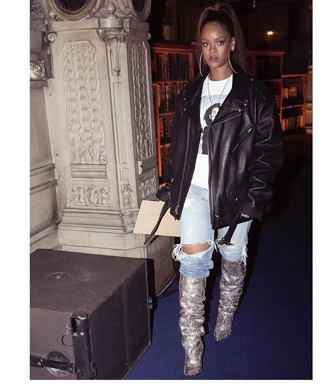 Hot! or Hmm… Rihanna’s Paris YSL Crystal-Embellished Boots, Schott NYC Classic ‘Perfecto’ Jacket and Raf Simons ‘Patti Smith’ Sweetheart Sweatshirt
