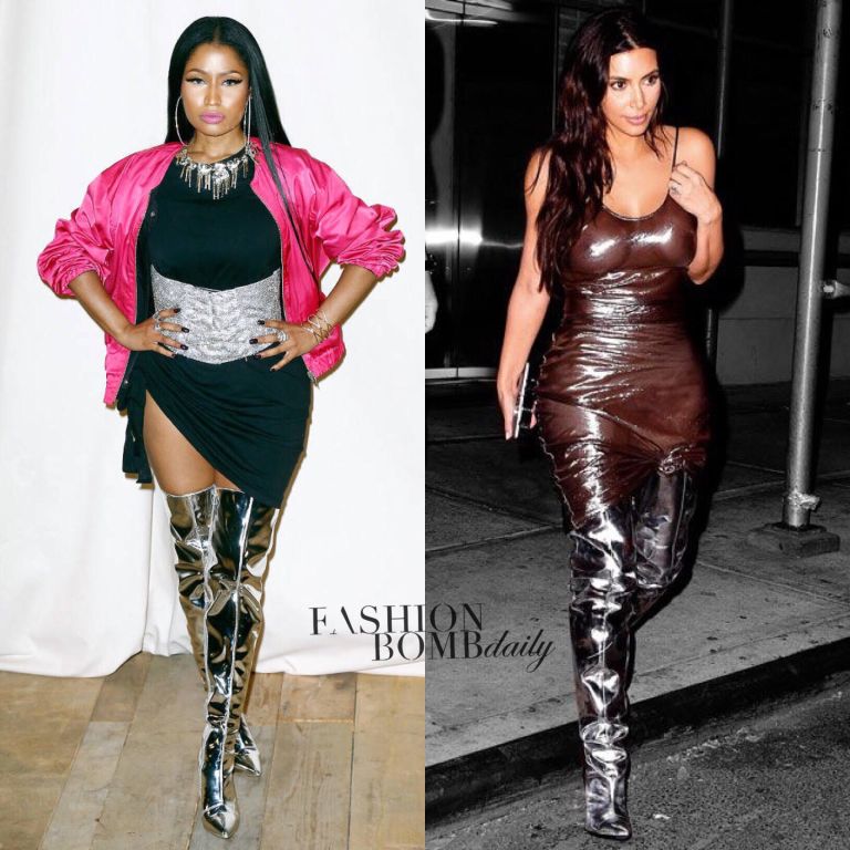 Who Wore it Better? Nicki Minaj vs Kim Kardashian in Balenciaga’s Silver Thigh High Boots