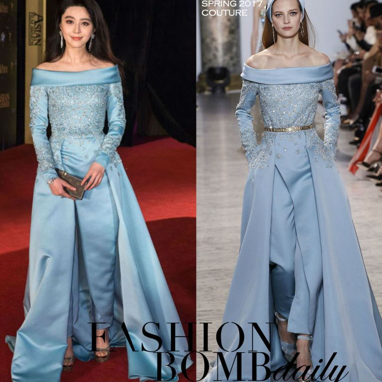 Hot! or Hmm… Fan Bingbing’s 11th Asian Film Awards Elie Saab Spring 2017 Couture Blue Off the Shoulder Embellished Jumpsuit