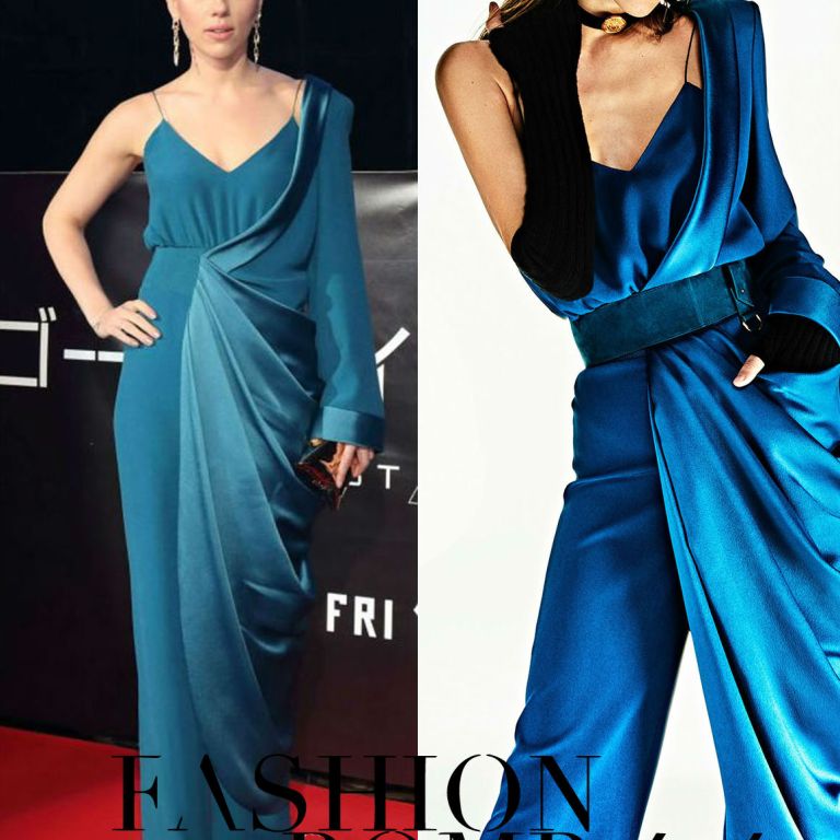 Hot! or Hmm… Scarlett Johansson’s <em>Ghost In The Shell</em> Tokyo Premiere Balmain Pre-Fall 2017 Teal Asymmetric Sleeve Draped Jumpsuit