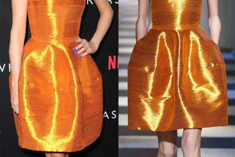 Hot! or Hmm… Selena Gomez’s <em>13 Reasons Why</em> Los Angeles Premiere Oscar de la Renta Fall 2017 Orange Strapless Full Skirt Dress and $625 Giuseppe Zanotti Powder Pink Velvet Bridget Mules