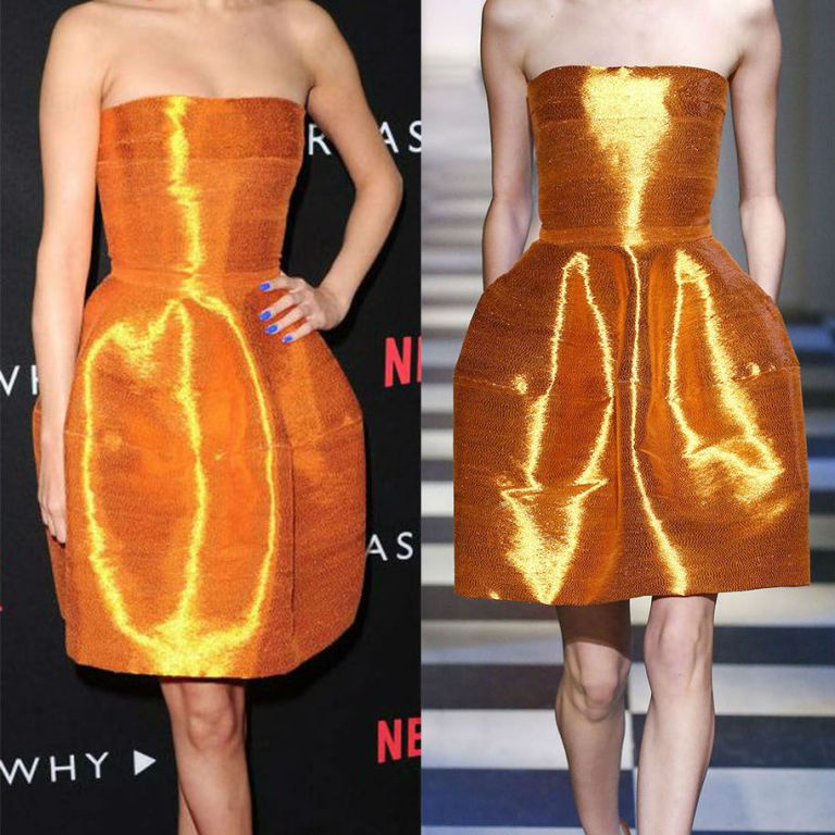 Hot! or Hmm… Selena Gomez’s <em>13 Reasons Why</em> Los Angeles Premiere Oscar de la Renta Fall 2017 Orange Strapless Full Skirt Dress and $625 Giuseppe Zanotti Powder Pink Velvet Bridget Mules