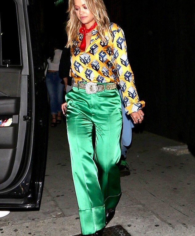 Splurge: Rita Ora’s The Nice Guy Gucci Wallpaper Print Silk Blouse and Duchesse Green Wide Leg Cuffed Pants