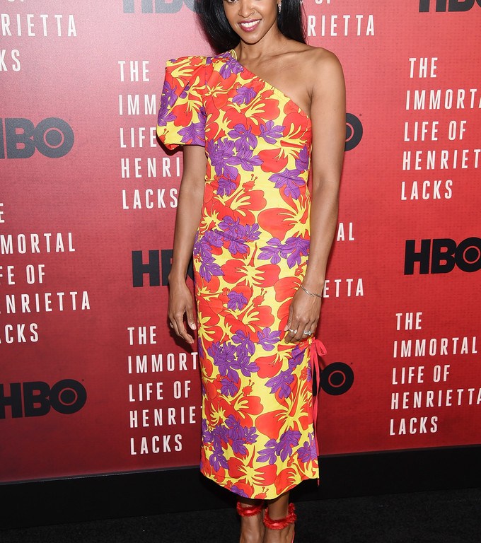 Splurge: Renee Elise Goldsberry’s <em>The Immortal Life of Henrietta Lacks</em> New York City Premiere $2,595 Rosie Assoulin Tropical Floral Print One Shoulder Ruched Midi Dress