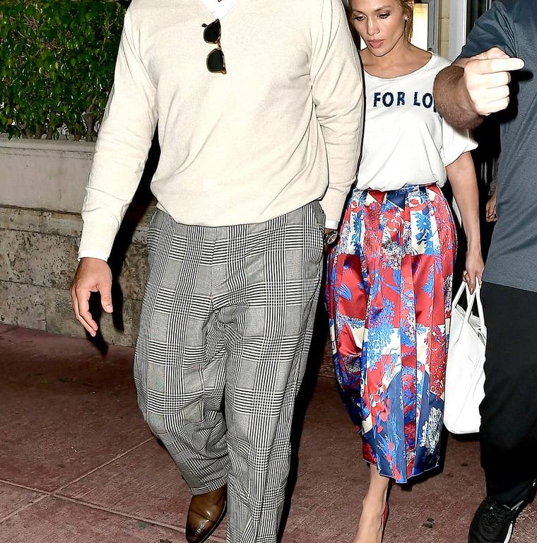 Splurge: Jennifer Lopez’s Prime 112 Gucci $590 White Blind for Love Sequin Shirt and $3,700 Union Jack Corsage Silk Skirt