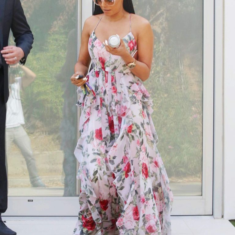 Splurge: Melanie Brown’s Los Angeles $299 Fame and Partners Floral Print Ruffle Maxi Gown