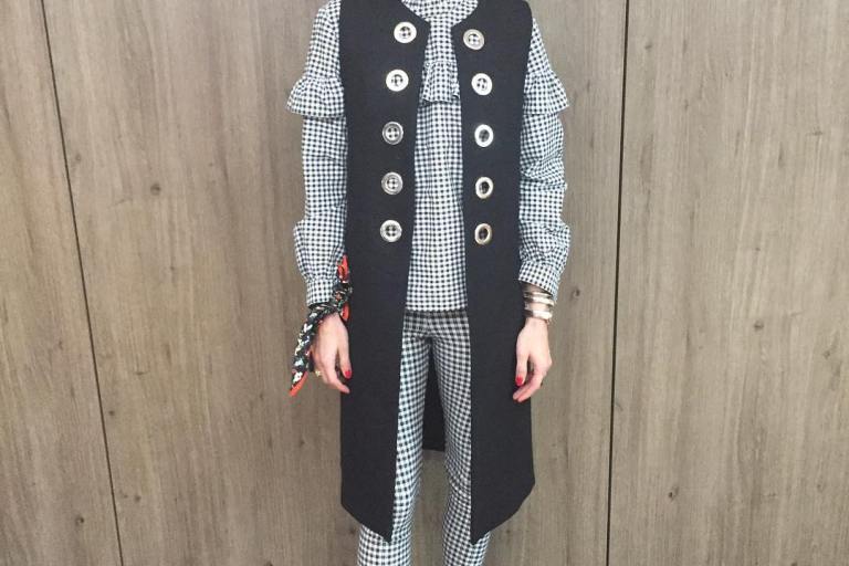 Steal: Olivia Palermo’s Instagram Topshop Gingham Mutton Sleeve Top, $30 Gingham Print Leggings, and $38 Banana Republic Floral Grid Silk Small Square Scarf