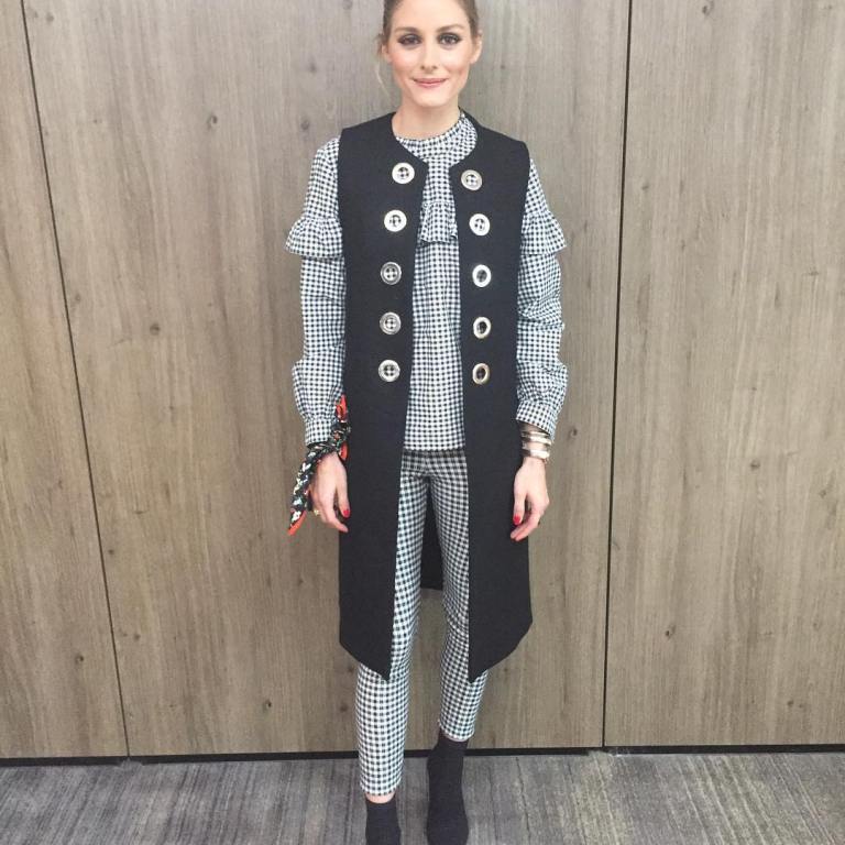 Steal: Olivia Palermo’s Instagram Topshop Gingham Mutton Sleeve Top, $30 Gingham Print Leggings, and $38 Banana Republic Floral Grid Silk Small Square Scarf