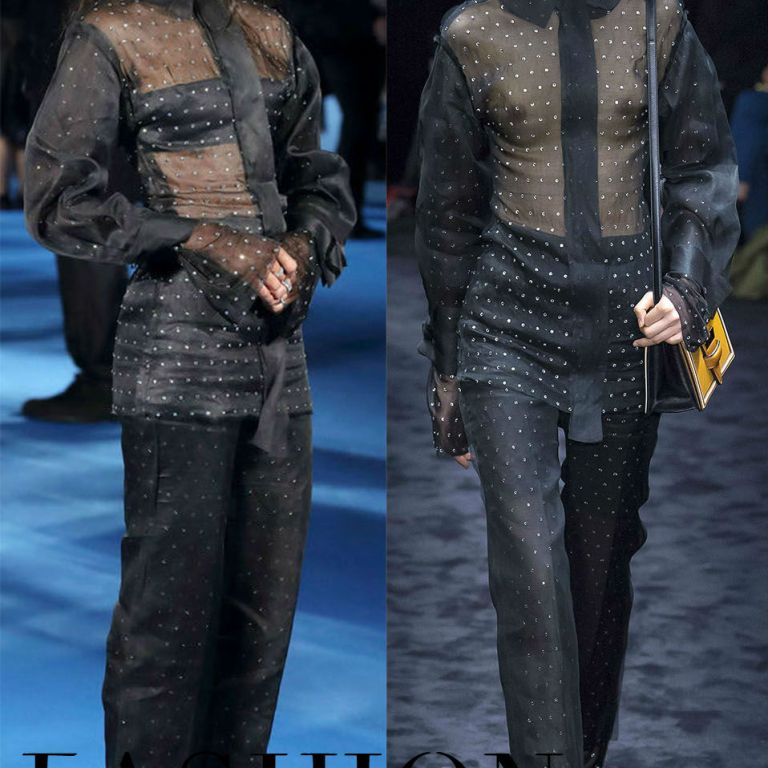 Hot! or Hmm… Zoe Saldana’s <em>Guardians of the Galaxy Vol. 2</em> Tokyo Premiere Loewe Fall 2017 Black Sheer Crystal Embellished Button-Front Shirt and Trousers