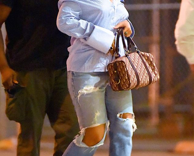 Splurge: Rihanna’s NYC Off White Off-the-Shoulder Striped Shirt and Balenciaga Ankle Boots