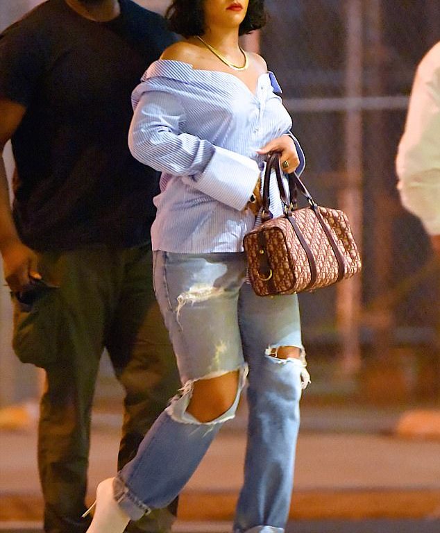 Splurge: Rihanna’s NYC Off White Off-the-Shoulder Striped Shirt and Balenciaga Ankle Boots