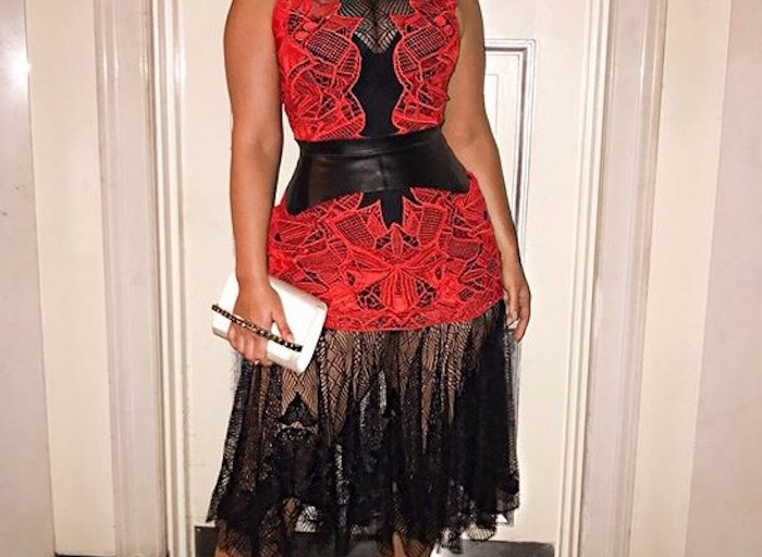 Splurge: Ashley Gragham’s Instagram Jonathan Simkhai Red and Black Dome Lace Detail Corded Sleeveless Dress