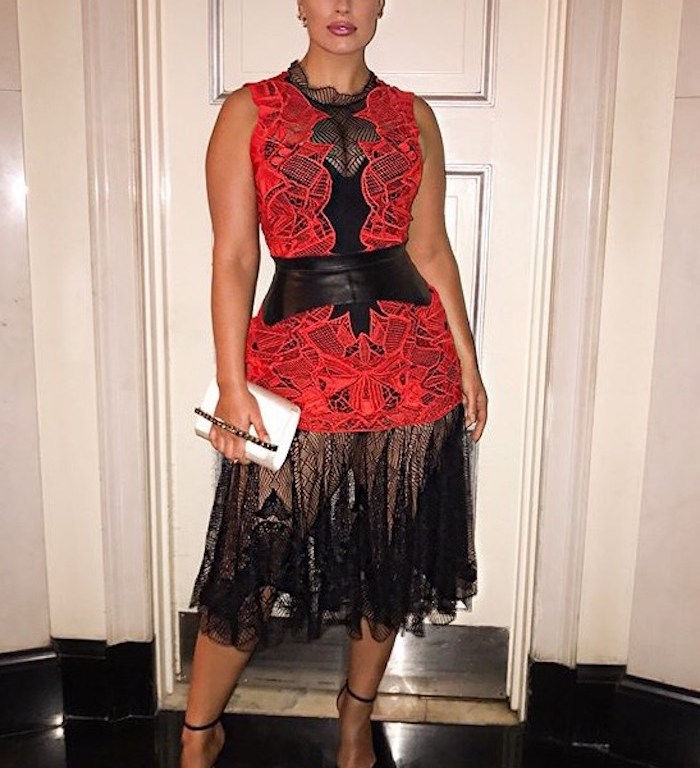 Splurge: Ashley Gragham’s Instagram Jonathan Simkhai Red and Black Dome Lace Detail Corded Sleeveless Dress