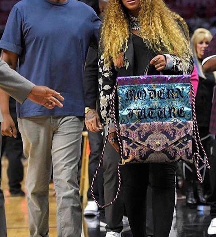 Splurge: Beyonce Knowles’s LA Clippers Gucci Marseille Floral Embroidered Wool Mohair Jacket and Modern Future Embroidered Brocade Drawstring Backpack