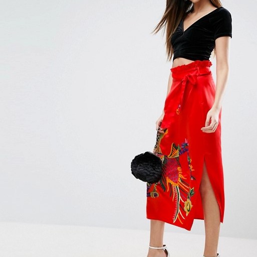 Bomb Product of the Day: ASOS Embroidered Satin Midi Skirt