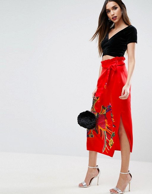 Bomb Product of the Day: ASOS Embroidered Satin Midi Skirt