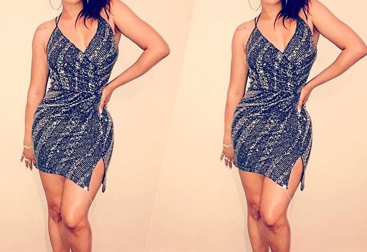 Splurge: Lala Anthony’s Instagram Constantina & Louise Diamande Sparkle Mini Shift Thigh Slit Open Back Dress