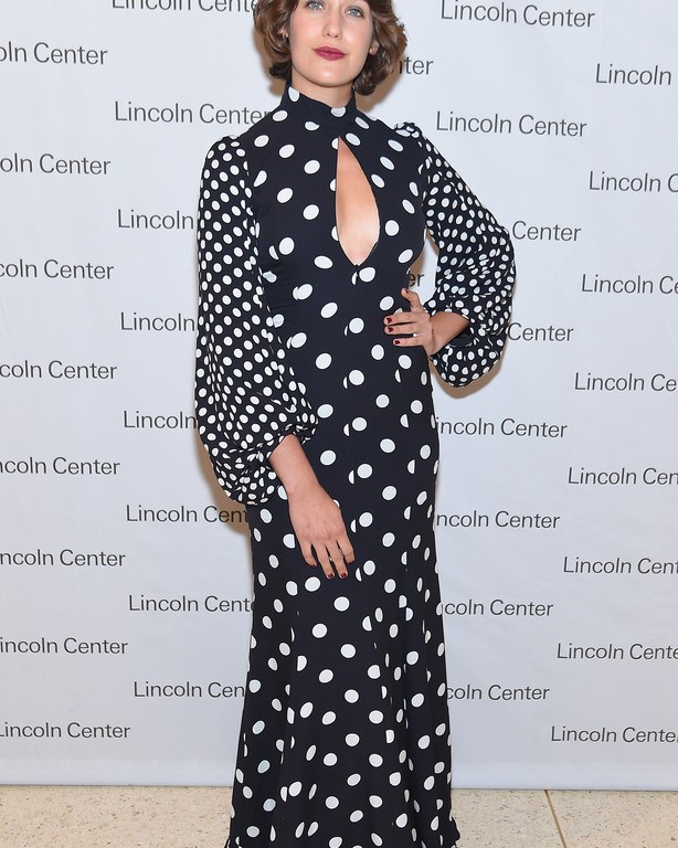 Splurge: Lola Kirke’s Lincoln Center’s Mostly Mozart Opening Night Gala $3,200 Andrew Gn Black and White Polka DotMock-Neck Blouson-Sleeve Gown