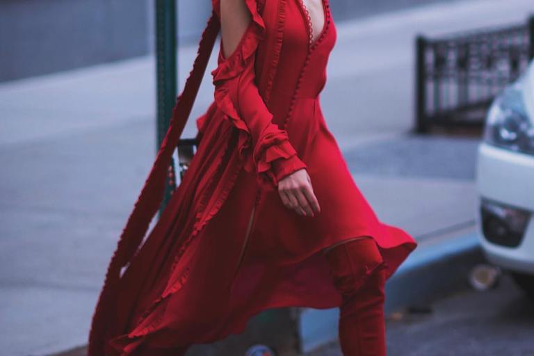 Splurge: Olivia Culpo’s Instagram $758 Madga Butrym Red Marbella Asymmetric Ruffled Silk Crepe Midi Dress