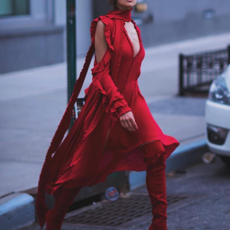 Splurge: Olivia Culpo’s Instagram $758 Madga Butrym Red Marbella Asymmetric Ruffled Silk Crepe Midi Dress