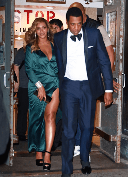 Get the Look: Beyonce’s Diamond Ball House of CB Serafina Green High Slit Maxi Dress and Giuseppe Zanotti Platform Sandals