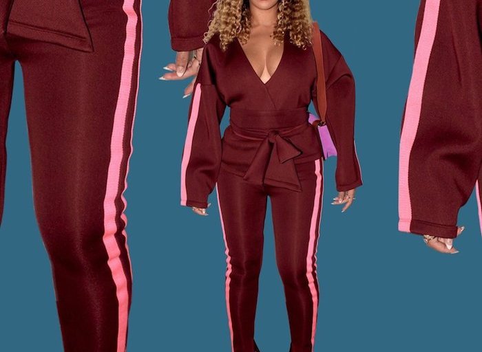 Get The Look: Beyonce’s Instagram Sammy B. Designs NY Flatbush Wine Neon Pink Strip Wrap Jacket, Tony Pop Skinny Ankle Slit Trousers And Christian Louboutin Pink Pigalle Follies Pumps