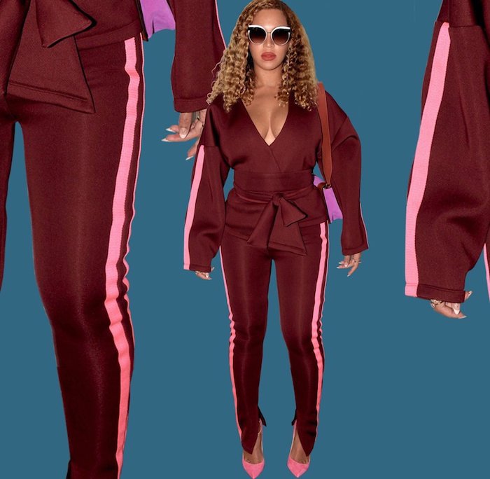 Get The Look: Beyonce’s Instagram Sammy B. Designs NY Flatbush Wine Neon Pink Strip Wrap Jacket, Tony Pop Skinny Ankle Slit Trousers And Christian Louboutin Pink Pigalle Follies Pumps