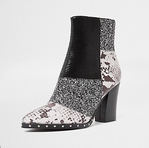 Bomb Product Of The Day: River Island’s Black Glitter And Snake Print Patchwork Faux Leather Block Heel Boots
