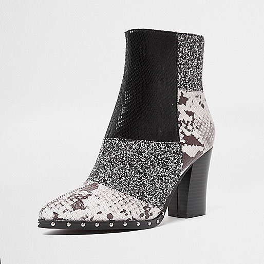 Bomb Product Of The Day: River Island’s Black Glitter And Snake Print Patchwork Faux Leather Block Heel Boots