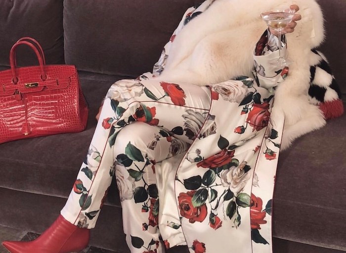 Splurge: Kris Jenner’s Instagram Dolce & Gabbana Rose Print Silk Blouse and Matching Pajama Trousers