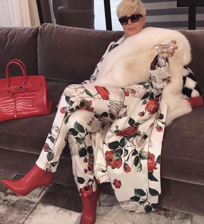 Splurge: Kris Jenner’s Instagram Dolce & Gabbana Rose Print Silk Blouse and Matching Pajama Trousers