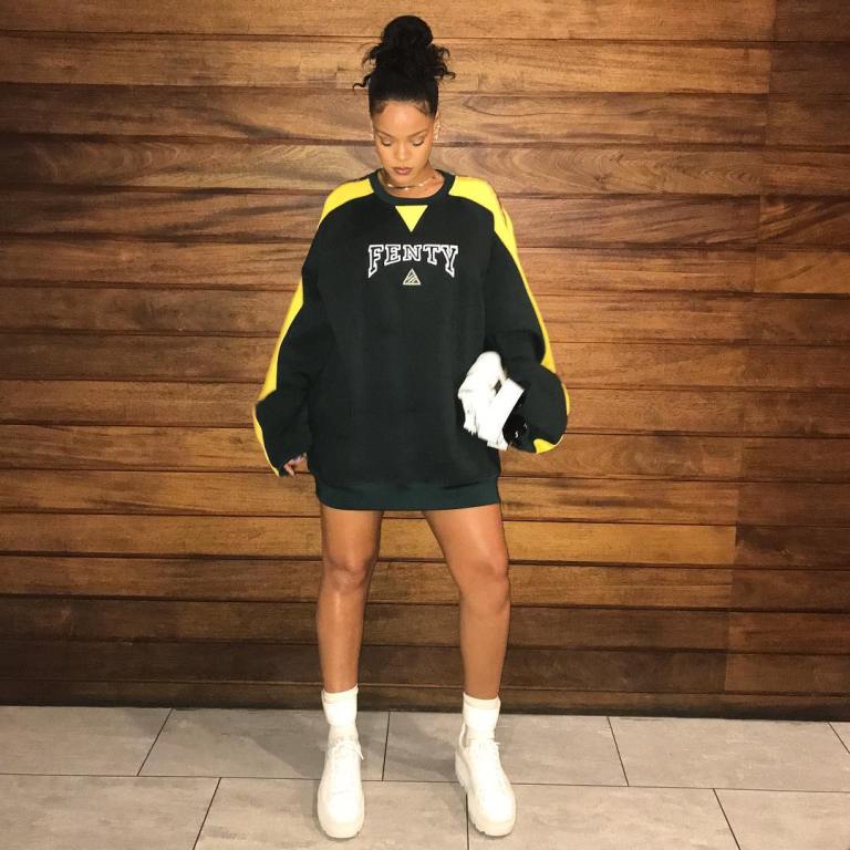 Splurge: Rihanna’s Instagram $196 FENTY x PUMA Logo Sweatshirt and $190 White Ankle Strap Sneakers, and