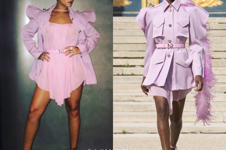 Hot! Or Hmm…: Rihanna’s Instagram Nina Ricci Spring 2018 Pink Leather Gold Logo Belt, A Brass-Buttoned Big Bellows Pockets Exaggerated Shoulders Jacket And Sheer Detail Dress