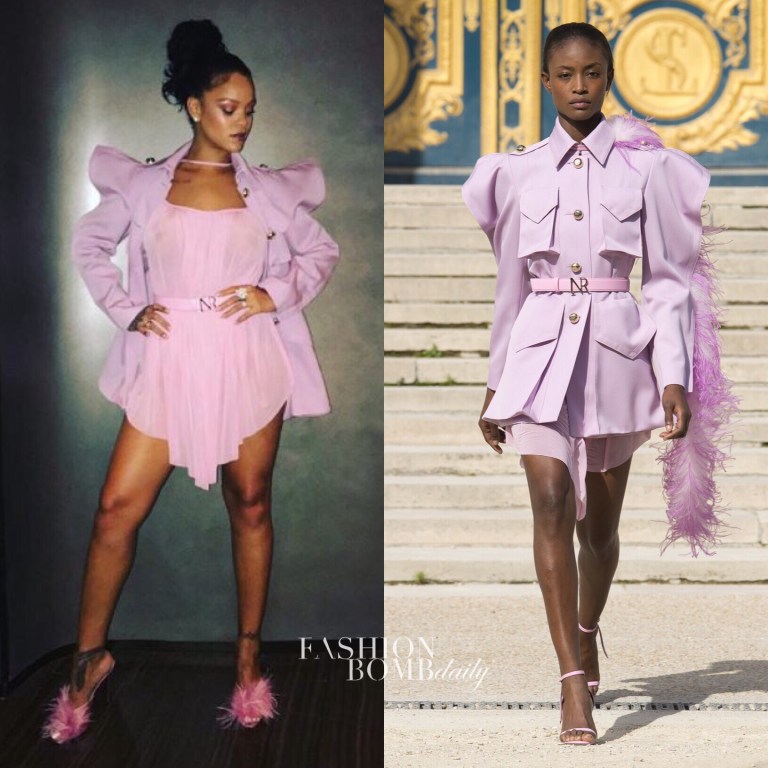 Hot! Or Hmm…: Rihanna’s Instagram Nina Ricci Spring 2018 Pink Leather Gold Logo Belt, A Brass-Buttoned Big Bellows Pockets Exaggerated Shoulders Jacket And Sheer Detail Dress