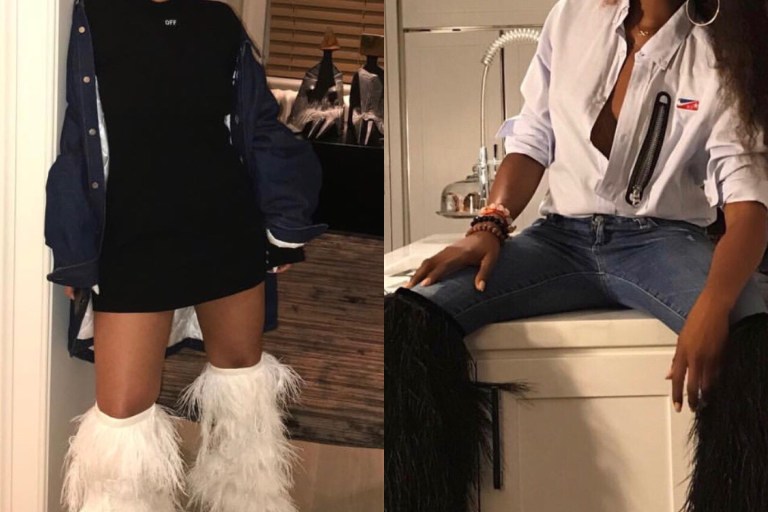 Who Wore It Better? Rihanna vs Naomi Campbell in Saint Laurent’s Spring 2018 Over The Knee Feathers Boots