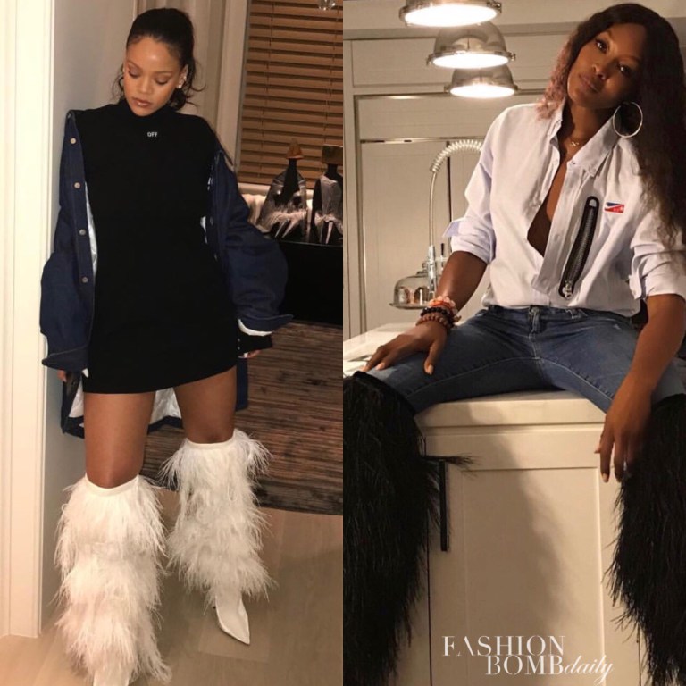Who Wore It Better? Rihanna vs Naomi Campbell in Saint Laurent’s Spring 2018 Over The Knee Feathers Boots