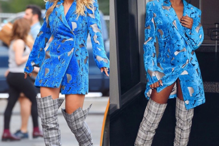 Who Wore It Better? Rita Ora vs. Ryan Destiny in Off-White’s Fall 2017 Electric Blue and Silver Detail Velveteen Coat Dress With Houndstooth Over The Knee Pointy Toe Boots
