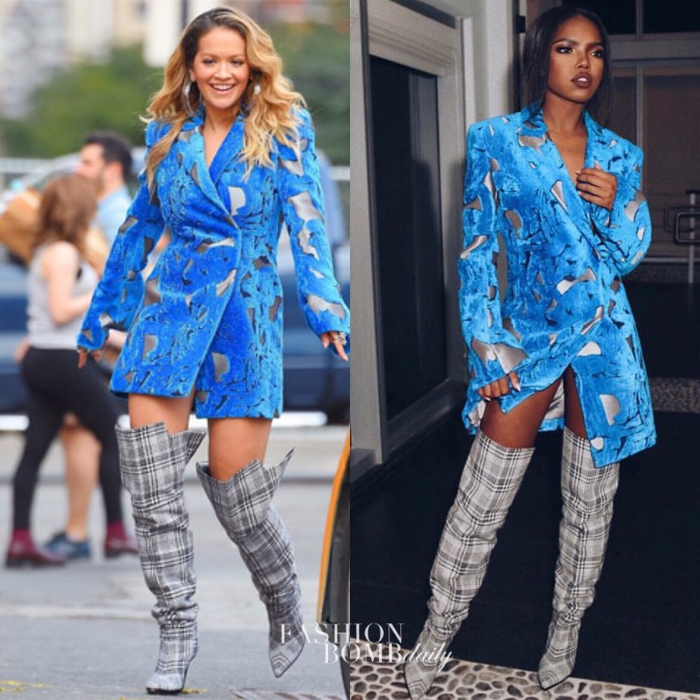 Who Wore It Better? Rita Ora vs. Ryan Destiny in Off-White’s Fall 2017 Electric Blue and Silver Detail Velveteen Coat Dress With Houndstooth Over The Knee Pointy Toe Boots