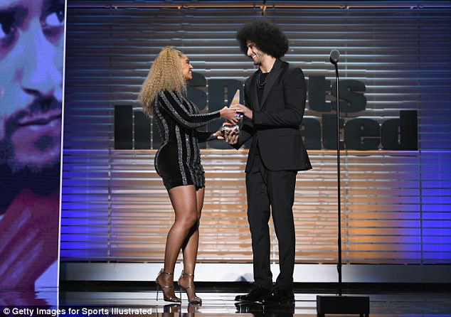 Hot! Or Hmm…: Beyonce Knowles Presents Colin Kaepernick With The 2017 Sports Illustrated Muhammad Ali Legacy Award In LaQuan Smith Black and Silver Vertical Stripe Long Sleeve Mini Dress