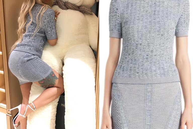 Splurge: Cardi B’s Instagram Teddy Bear Balmain Gray Tweed Effect Sweater and Skirt Set